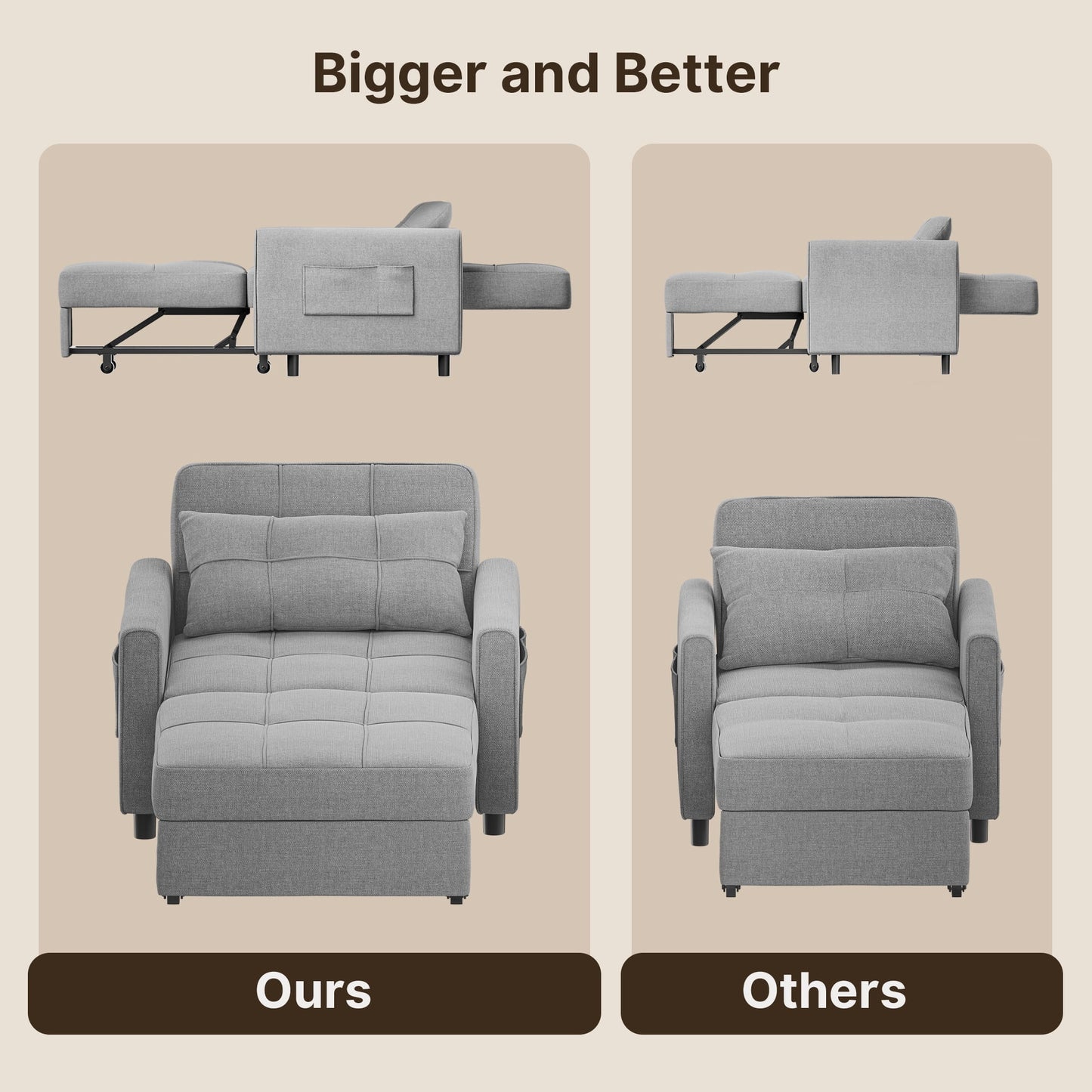 Thombrower Sofa Bed Chair Convertible, Sleeper Sofa with Pull-Out Bed, 3-in-1 Futon Couch with Reclining Backrest and Side Pocket, Light Grey