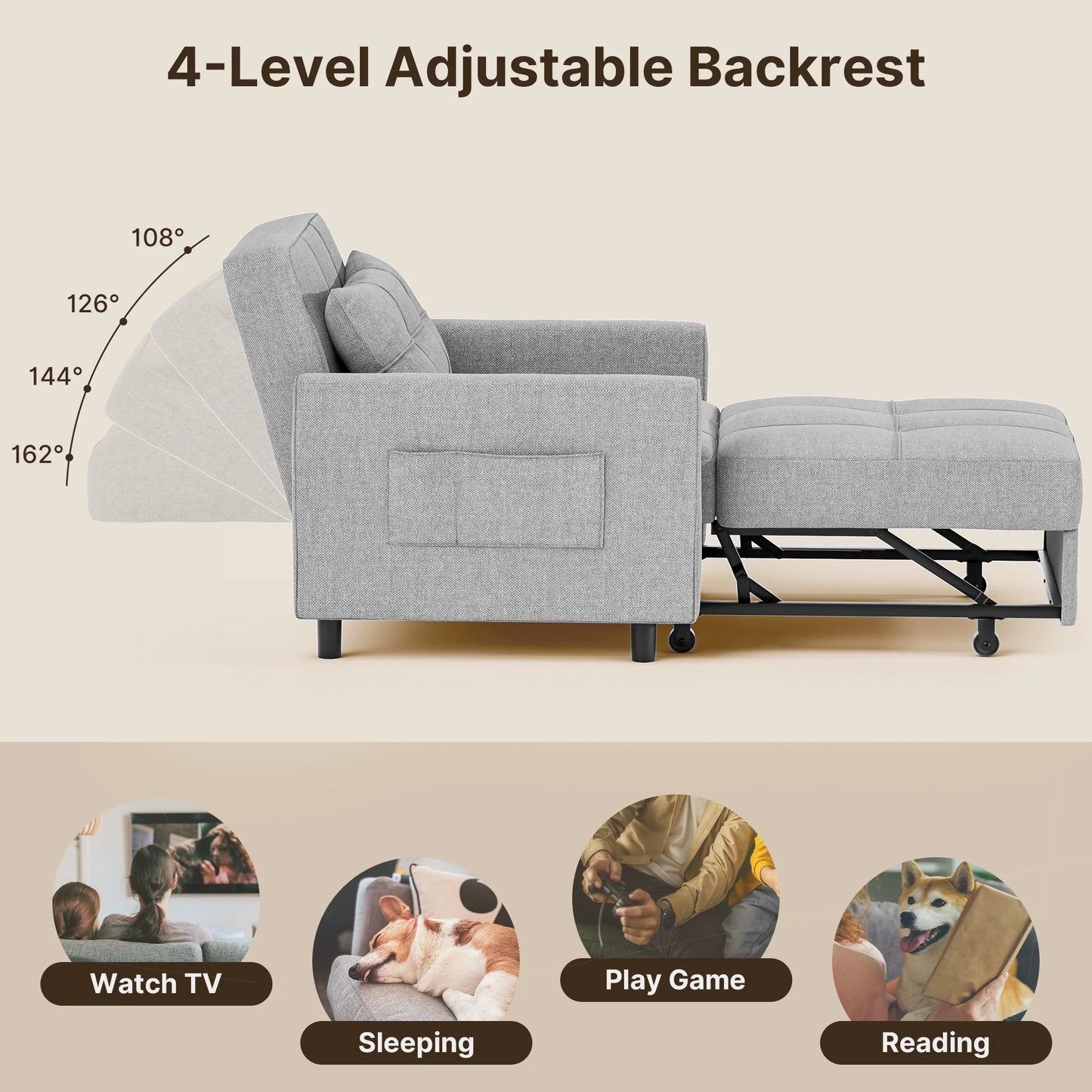 Thombrower Sofa Bed Chair Convertible, Sleeper Sofa with Pull-Out Bed, 3-in-1 Futon Couch with Reclining Backrest and Side Pocket, Light Grey