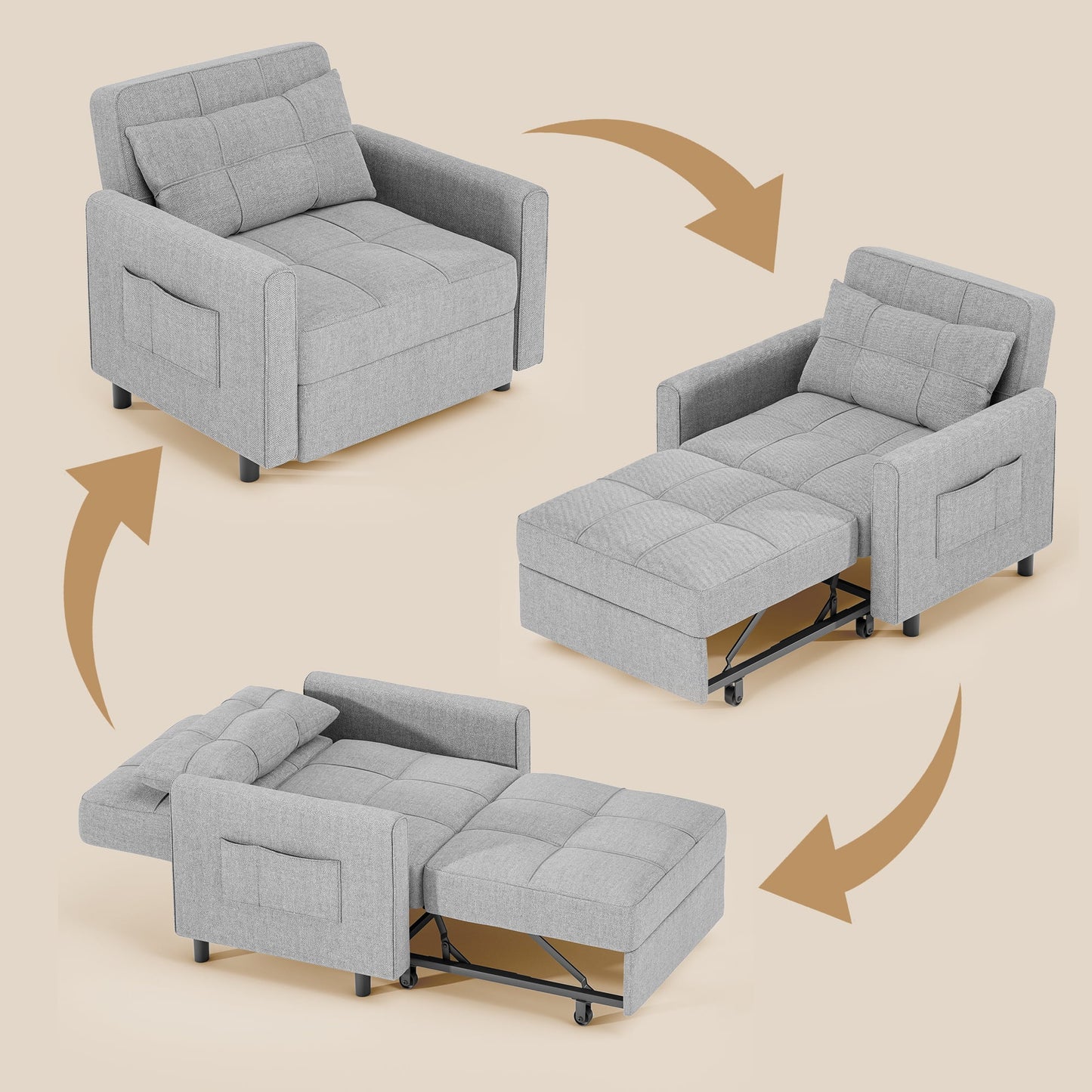 Thombrower Sofa Bed Chair Convertible, Sleeper Sofa with Pull-Out Bed, 3-in-1 Futon Couch with Reclining Backrest and Side Pocket, Light Grey